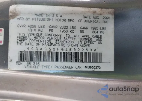 2002 Chrysler Sebring Lxi из США, поврежденный, VIN 4C3AG52H02E022590